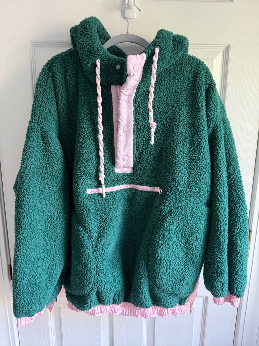 Green Sherpa Hoodie with Pink Trim